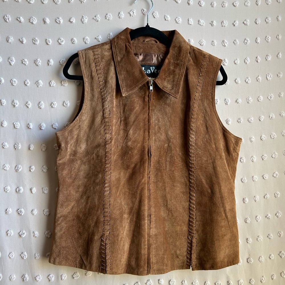 La Vee Vintage 100% Leather Braided Detail Zip Up Vest Sz L Camel Brown